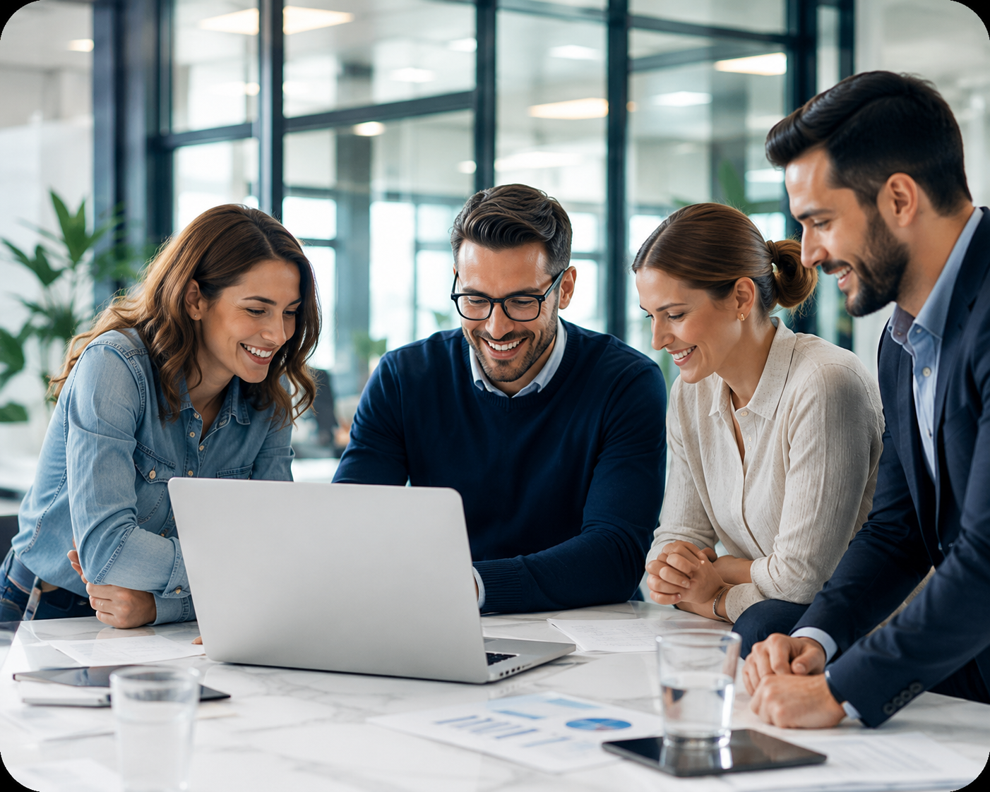 Consultants et experts Interexco réunis autour d'un ordinateur dans un bureau lumineux